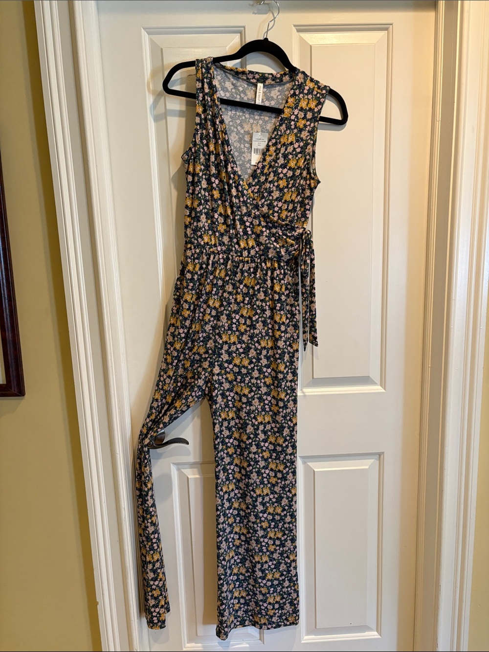 Floral Wrap Jumpsuit in Navy and Yellow - Sleeveless Tie-Waist